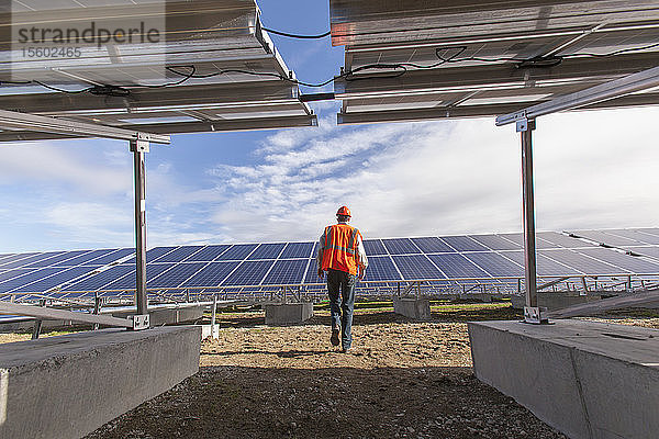 Energietechniker auf dem Weg zu einer Fotovoltaikanlage