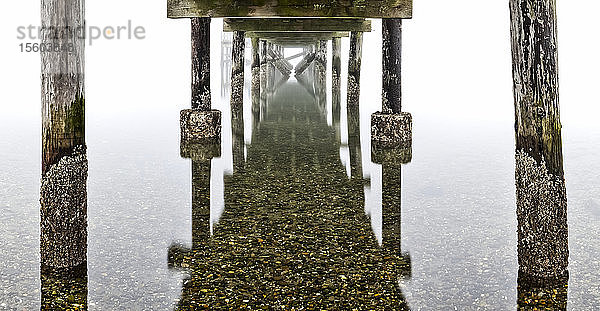 Blick unterhalb des Piers am nebligen Crescent Beach auf die Spiegelung im seichten  klaren Wasser; Surrey  British Columbia  Kanada