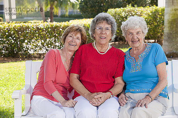 Porträt von drei lächelnden älteren Freunden in einem Park