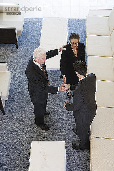 Erhöhte Ansicht von Geschäftsleuten beim Händeschütteln in einem Büro.