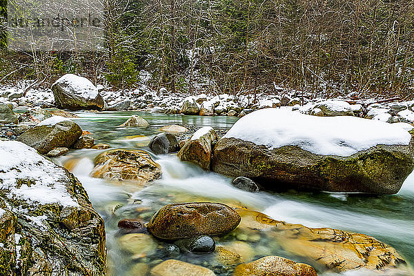 Bach  der im Winter über schneebedeckte Felsen fließt; British Columbia  Kanada