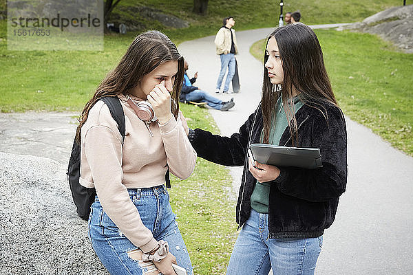 Teenager-Mädchen betrachtet weinende Freundin  die auf einem Felsen im Park sitzt