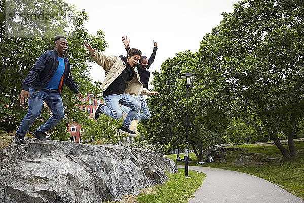 Freunde in voller Länge  die auf dem Fußweg vom Felsen im Park springen