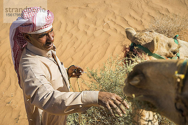 Blick von oben auf einen Mann in arabischer Kleidung  der ein Kamel in der Wüste von Wadi Rum füttert  Wadi Rum Village  Aqaba Governorate  Jordanien