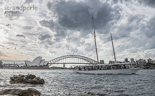 Große weiße Wolken über einem Ausflugsboot  das vor dem Hafen von Sydney segelt  Sydney  New South Wales  Australien
