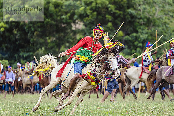 Mann reitet auf Pferd mit Speer und nimmt am Pasola-Festival teil  Insel Sumba  Indonesien