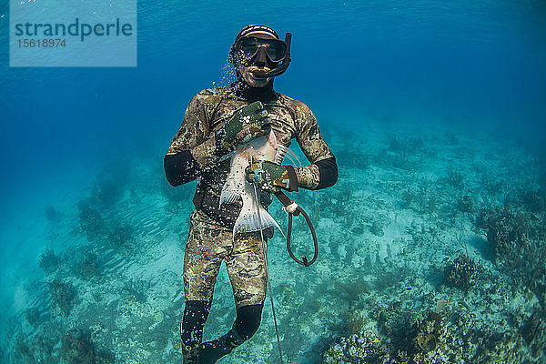 Vorderansicht eines Tauchers  der beim Speerfischen einen gefangenen Schleimaal unter Wasser hält  Clarence Town  Long Island  Bahamas