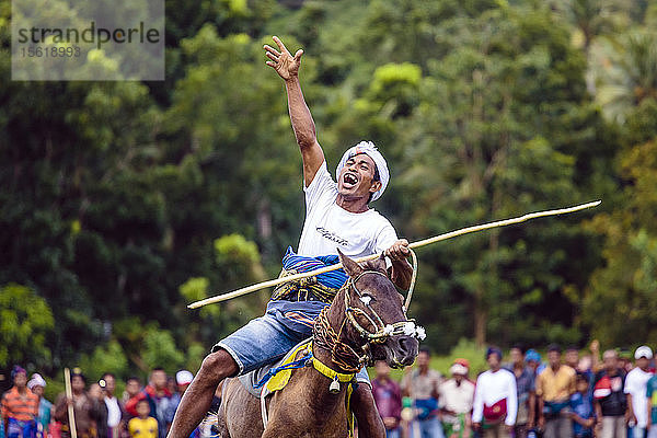 Mann hebt die Hand und reitet auf einem Pferd mit Speer beim Pasola-Fest  Insel Sumba  Indonesien