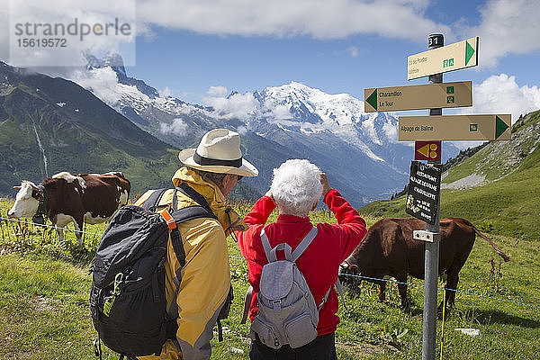 Ein älteres Paar fotografiert die Aussicht auf La Balme  einem Bergbauernhof in den französischen Alpen oberhalb von Chamonix  im Hintergrund der Mont Blanc  Haute-Savoie  Frankreich