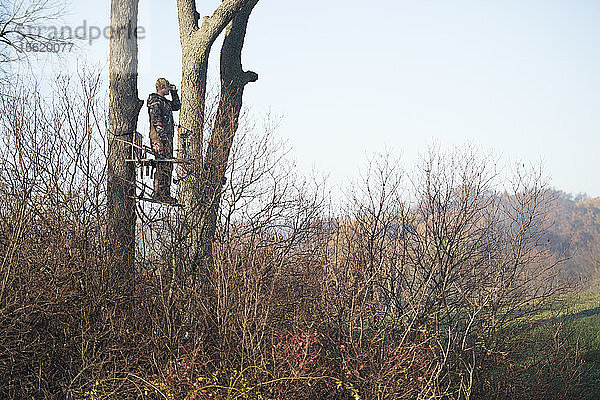 Junger erwachsener männlicher Jäger  der auf einem Baum steht und nach Rehen Ausschau hält