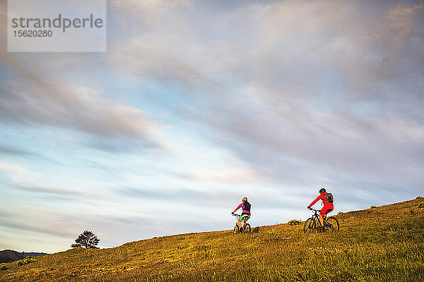 Zwei junge Frauen fahren mit dem Mountainbike auf einem einspurigen Weg durch eine grasbewachsene Wiese und den frühen Morgenhimmel.
