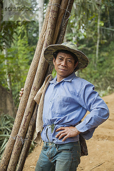 Ein Mann trägt Holzstämme einen Pfad hinauf zum provisorischen Umsiedlungsort  der von den Dorfbewohnern oberhalb von Ban Kor Man Mai  Laos  errichtet wird. Das Dorf wird durch den Staudamm Nr. 6 des Nam Ou-Flusses überflutet werden  und die von der Regierung vorgesehene Umsiedlung in der Nähe von Hat Sa wird nicht rechtzeitig abgeschlossen werden.