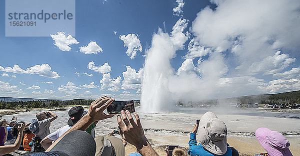 Touristen beobachten den Ausbruch des Great Fountain Geysir  Yellowstone National Park  Wyoming  USA