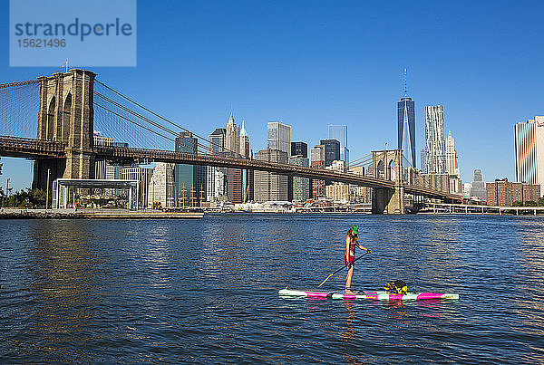 Frau Paddleboarding auf Hudson River in Manhattan  New York City  Usa