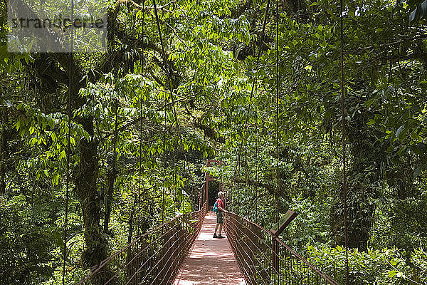 Wanderer auf einer Hängebrücke im Nebelwaldreservat Monteverde in Costa Rica