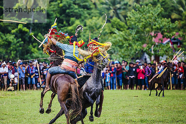 Männer auf Pferden kämpfen mit Speeren beim Pasola-Festival  Insel Sumba  Indonesien