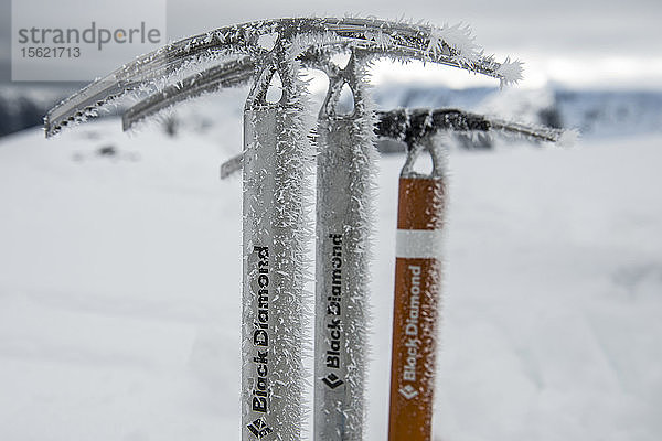 Rime Ice bildet sich auf Eispickeln.