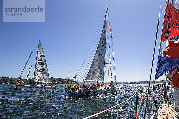 Die Clipper Facts segeln zum Start des Rolex Sydney to Hobart Yacht Race 2015 aus dem Hafen von Sydney.