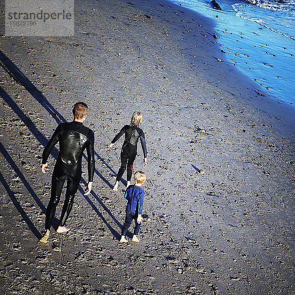 Hochformatige Rückansicht eines Vaters mit seinem Sohn und seiner Tochter  alle in Neoprenanzügen am Strand  kurz vor dem Sprung ins Meer in Santa Cruz  Kalifornien. USA.