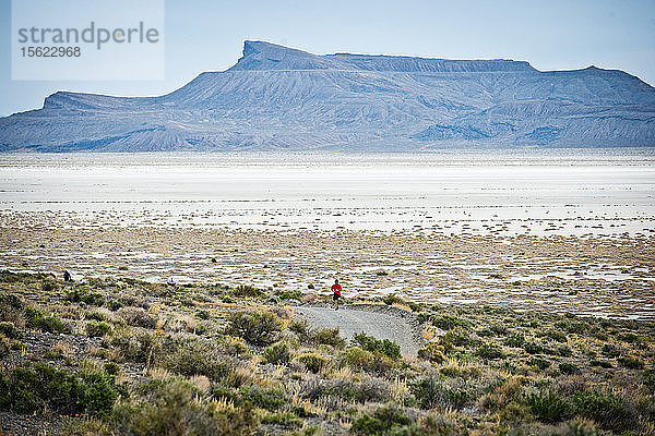 Ein Teilnehmer läuft während des Salt Flats 100 in Bonneville  Utah  eine einsame Strecke hinunter.