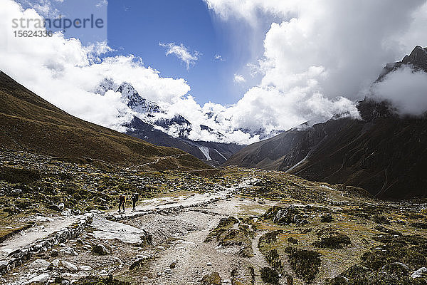 Wanderer machen sich auf den Weg durch das Pheriche-Tal auf Nepals berühmtem Everest Base Camp-Trek  Solu Khumbu  Nepal
