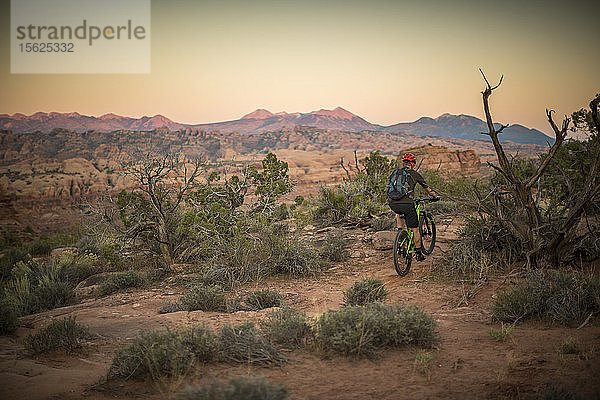 Ein Mann fährt Mountainbike auf dem Hymasa Trail  Moab  Utah.