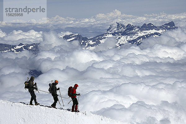 Bergsteiger und Kletterer beim Wandern auf einem verschneiten Grat  Aiguille du Midi  Mont-Blanc-Massiv  Chamonix  Französische Alpen  Haute Savoie  Frankreich