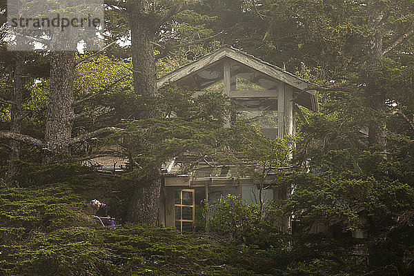 Ein Mann arbeitet vor seinem modernen Haus an der Westküste auf einer Insel in der Nähe von Tofino  BC  Kanada.