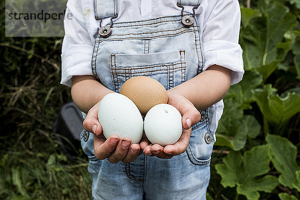 Nahaufnahme eines im Freien stehenden Mädchens  das drei frisch gelegte Eier in den Händen hält.