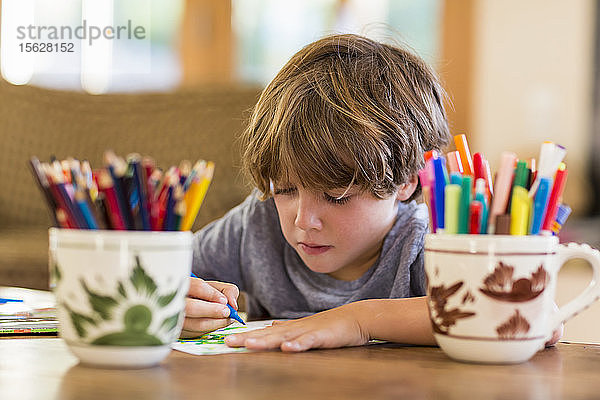 Sechsjähriger Junge zeichnet zwischen bunten Stiften