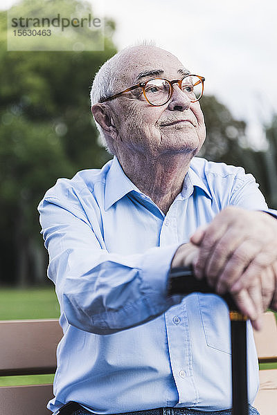 Porträt eines älteren Mannes in einem Park  der sich auf seinen Gehstock stützt