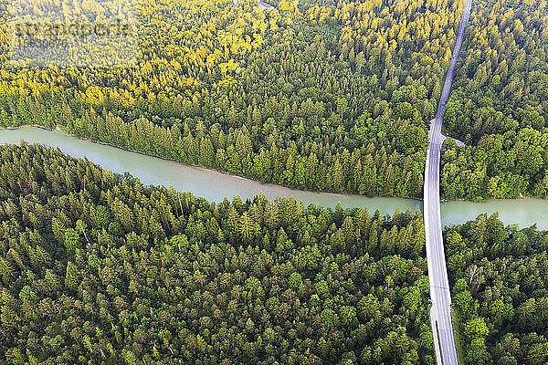 Luftaufnahme der Tattenkofenbrücke über die Isar bei Geretsried  Naturschutzgebiet Isarauen  Oberbayern  Bayern  Deutschland