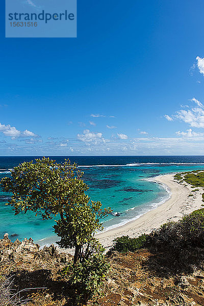 Landschaftliche Ansicht der Insel Barbuda vor blauem Himmel bei Sonnenschein  Karibik