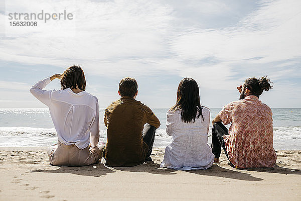 Rückansicht von Freunden  die am Strand sitzen und auf das Meer schauen