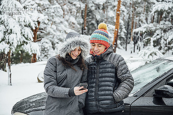 Lächelndes junges Paar lehnt am geparkten Auto im Winterwald und schaut auf Handy