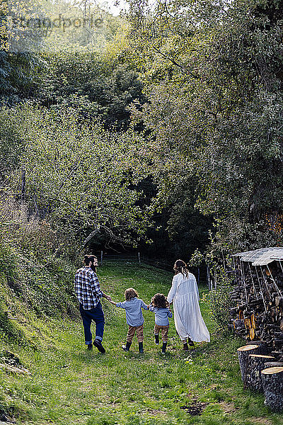 Rückansicht einer Familie mit zwei Kindern beim Spaziergang auf dem Land