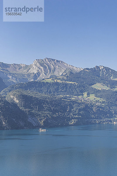 Schweiz  Gersau  Schwyz  Aussicht auf den Vierwaldstättersee und hohe bewaldete Klippen im Sommer