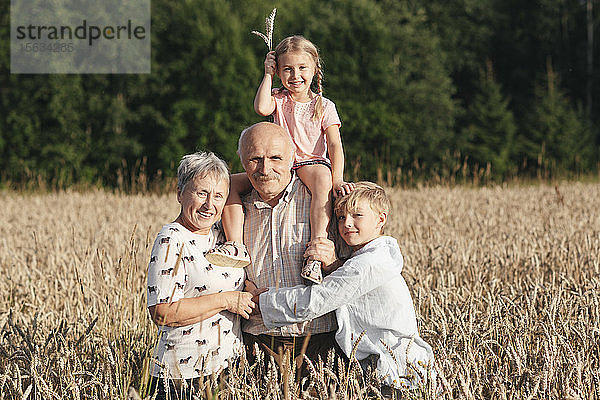 Familienporträt der Großeltern mit ihren Enkelkindern in einem Haferfeld