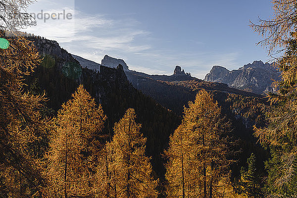 Herbstliche Berglandschaft im Morgenlicht  Dolomiten  Cortina  Italien