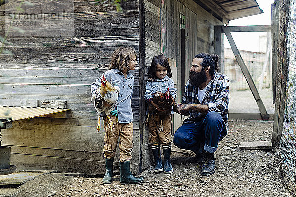 Vater mit zwei Kindern im Hühnerstall auf einem Biohof