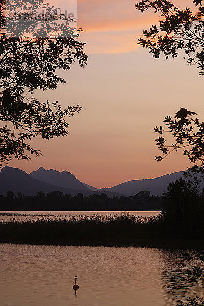 Landschaftlicher Blick auf den Forggensee und die Silhouette der Berge gegen den Himmel bei Sonnenuntergang unter OstallgÃ¤u  Deutschland