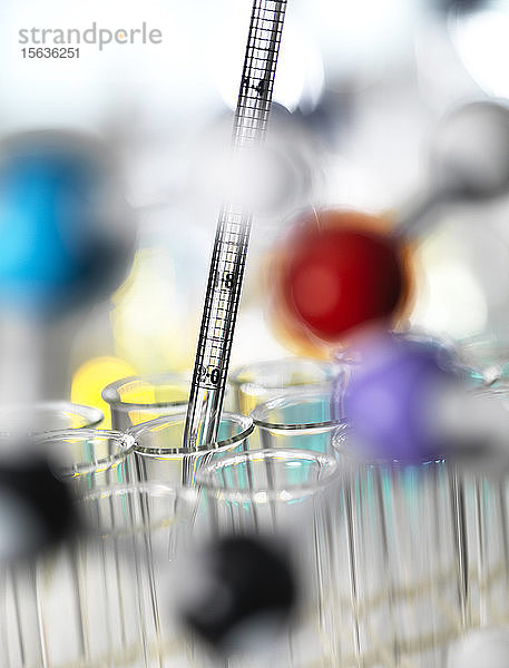 Nahaufnahme von chemischen Proben  die in Reagenzgläser pipettiert werden  für ein Experiment im Labor