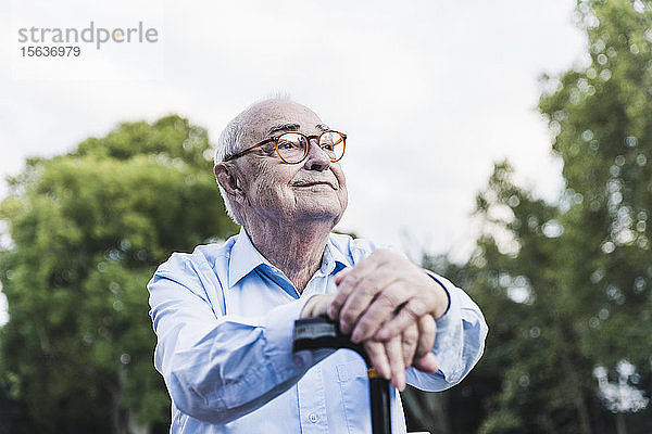 Porträt eines älteren Mannes in einem Park  der sich auf seinen Gehstock stützt