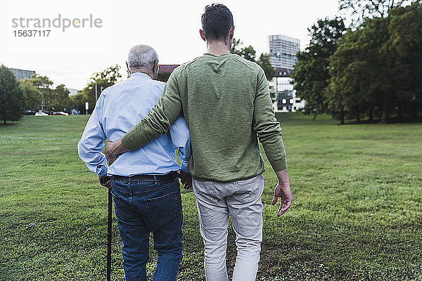 Rückenansicht eines jungen Mannes  der seinem Großvater beim Gehen hilft