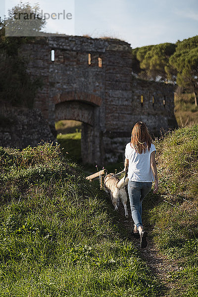 Rückenansicht einer jungen Frau  die bei Sonnenuntergang mit ihrem Hund Gassi geht