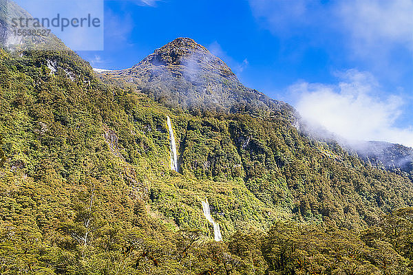 Landschaftliche Ansicht der Cleve-Garth-Fälle auf einem Berg im Fiordland-Nationalpark bei Te Anau  Südinsel  Neuseeland