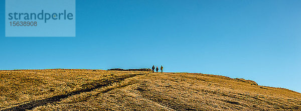 Menschen stehen auf einem Hügel vor blauem Himmel  in der Nähe des Leuchtturms von Reykjanes  Halbinsel Reykjanes; Island