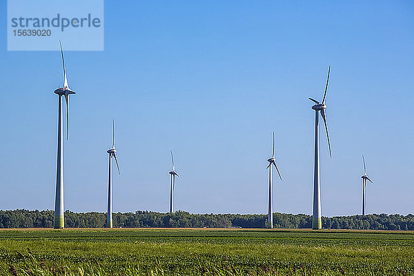 Windturbinen auf Ackerland mit einem Ackerfeld im Vordergrund; Saint Remi  Quebec  Kanada