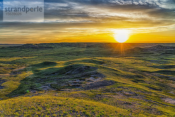 Weite Landschaft  die sich bei Sonnenuntergang bis zum Horizont erstreckt  im Grasslands National Park; Val Marie  Saskatchewan  Kanada