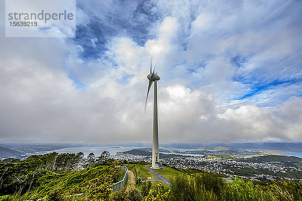 Windkraftanlage in großer Höhe mit Blick auf das Stadtbild von Wellington und die Küstenlinie der Nordinsel Neuseelands; Wellington  Nordinsel  Neuseeland